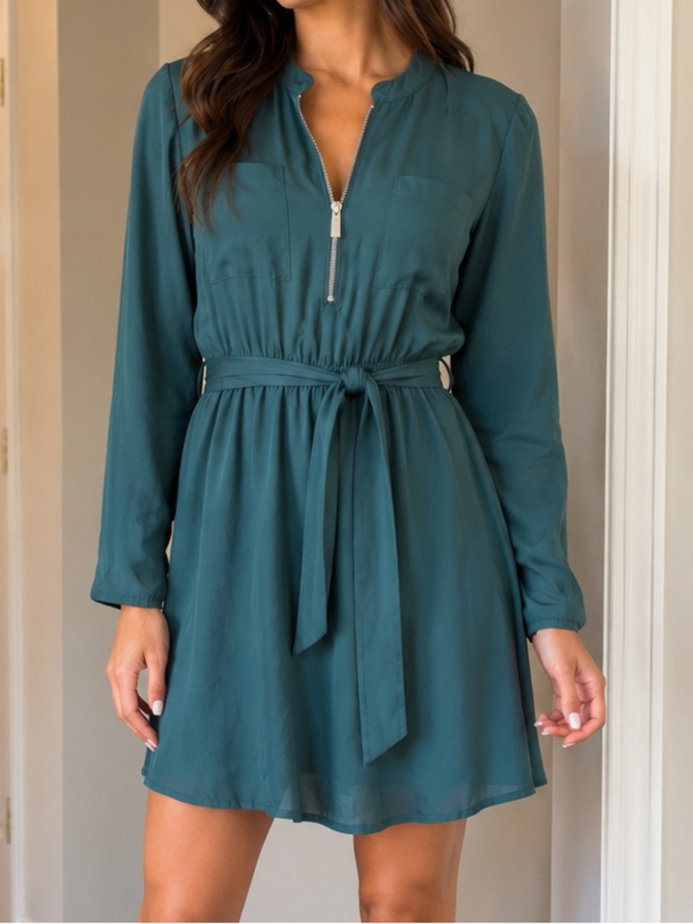 Guess Teal Long Sleeve Dress with Zipper